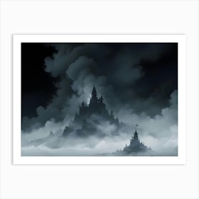 Dark Castle Silhouette Above Misty Mountains Art Print