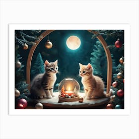 Christmas Kittens under Moonlight Sky Art Print