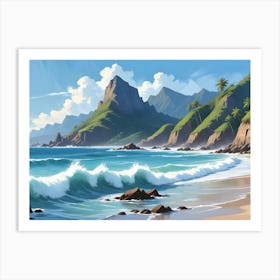 Tropical Beach Landscape With Lush Green Mountains And Waves Art Print