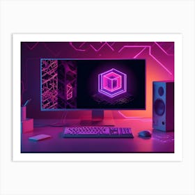 Modern Computer Setup With A Monitor Displaying A Glowing, Geometric Shape On A Dark Background With Pink And Blue Neon Lights Art Print