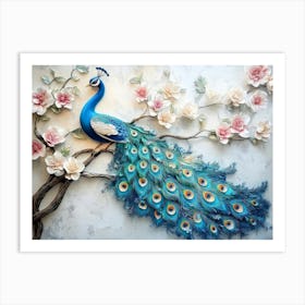 3d Artwork Background Blue Peacock on Branch Art with Flowers 1 Art Print