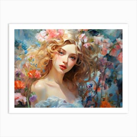 Upscaled Painting Of A Beautiful Girl With Flowers In The Style Of 30312a30 5cae 4645 91f4 3458f0eb54b6 Art Print