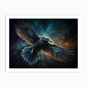 Black Raven In Flight Against A Cosmic Background Art Print