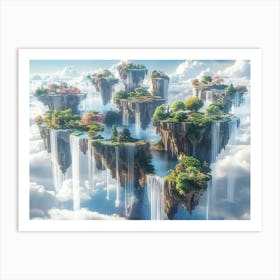 3d Rendered Art Depicting Surreal Landscape with Floating Islands Waterfalls and Otherworldly Flora Art Print