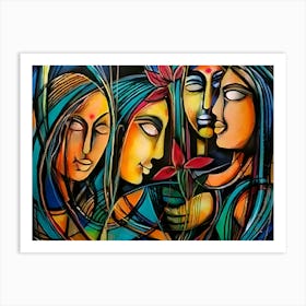 Three Women By Sanjay Kumar, Abstract Painting, Acrylic On Canvas, Brown Color Art Print