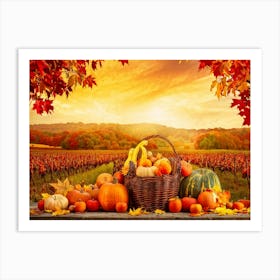 Autumnal Farm Landscape Pumpkins And Cornstalks Surround A Rustic Wooden Basket Filled With Apples (1) Art Print