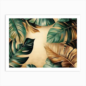 Vintage Tropical Green Brown Leaves, Beige Background, Golden Texture 3 Art Print