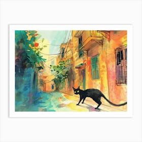 Alexandria, Egypt   Black Cat In Street Art Watercolour Painting 3 Art Print