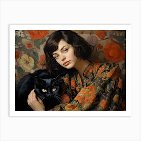 Contemporary Floral Cat And Woman 4 Art Print