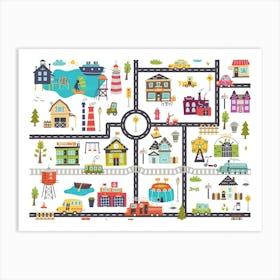 Horizontal kids map with roads, cars, buildings Art Print