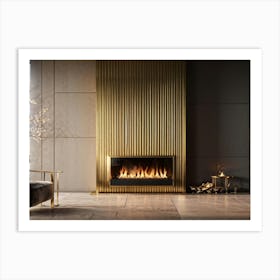 Geometric Fireplace Modern Design Incorporating Brass Accents Positioned Centrally Against A Mini Art Print