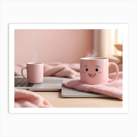 A Cozy Scene With A Laptop Computer, Two Mugs Of Hot Drinks, And A Pink Blanket Art Print