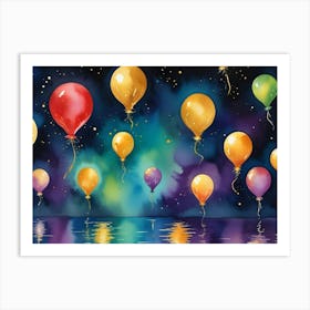 Watercolor Illustration Of Colorful Balloons Floating In A Starry Night Sky Above A Reflective Water Surface Art Print