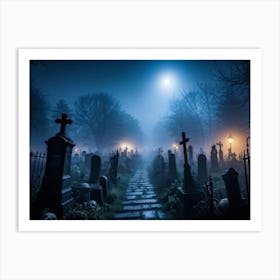 Cemetery Enveloped In A Dense Creeping Fog Under A Moonlit October Sky Gravestones With Skittish Art Print