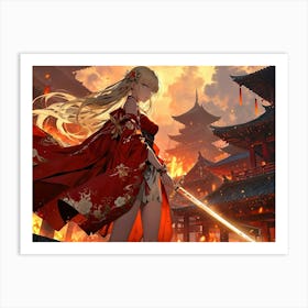 Gorgeous Woman with Sword at Burning Villages Art Print