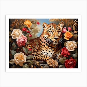 The majestic figure of a tiger emerges from a vibrant scene of roses and palm fronds. The tiger's intense gaze attracts attention, Art Print