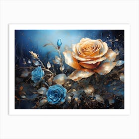 Blue and Gold Roses Art Print