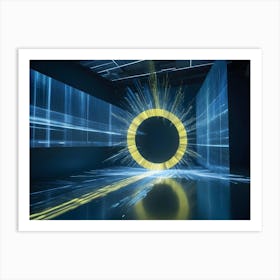 A Dark Room With A Glowing Yellow Ring In The Center, Surrounded By Blue Lines Of Light Art Print