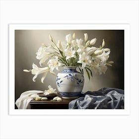 White Lilies In A Blue Vase Art Print