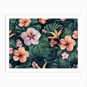 Tropical Seamless Pattern With Exotic Flowers And Leaves 4 Art Print