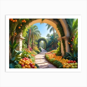 Lush Tropical Garden Pathway With Fruit Arches Art Print