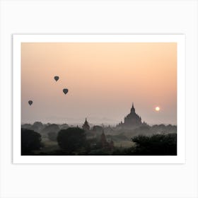 Hot Air Balloons Floating In Myanmar Foggy Sunset Art Print