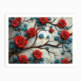 3d Red Roses On Branches With Leaves Art Print