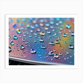 Close Up Image Of Water Droplets On A Metallic Surface With A Colorful, Blurred Background Art Print