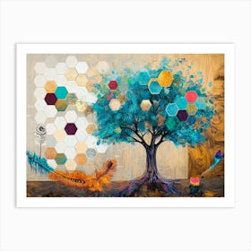 Turquoise Tree And White Lattice on Oak, With Multicolored Hexagons and Feather Accents Art Print