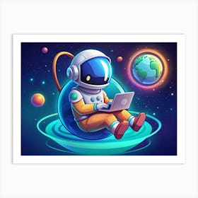 Astronaut Working On A Laptop In Space Art Print