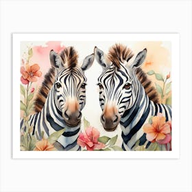 Zebras Floral Watercolor Art Art Print