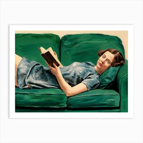 A Painting Of A Woman Lying On A Couch, Reading A Book Art Print