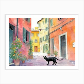 Black Cat In Modena, Italy, Street Art Watercolour Painting 3 Art Print