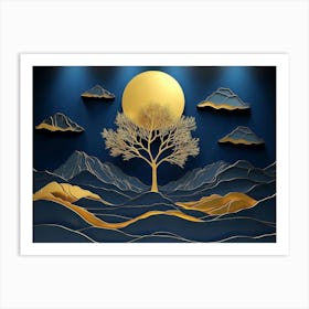 3d Modern Art With Dark Blue Landscape Art Print