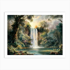 Majestic Waterfall Forest with Flowers Painting #5 Art Print