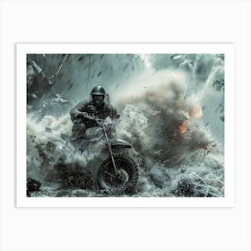 Man Riding A Motorcycle Through A Storm Art Print