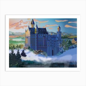Landscape With Neuschwanstein Castle In The Fog In Germany Art Print