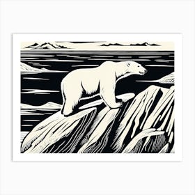 Polar Bear Cavorting In The Arctic Expanse Linocut Art, animal art, 161 Art Print