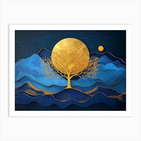 3d Modern Art with Dark Blue and Golden Wave 1 Art Print