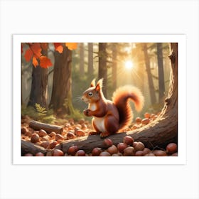 Red Squirrel Sitting On A Log Surrounded By Acorns In A Forest 11 Art Print