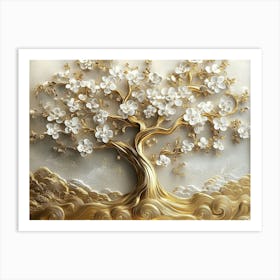 3d Art Golden Tree With White Flowers 3 Art Print