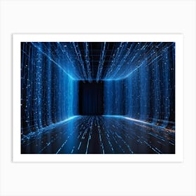 A Dark, Empty Room With Blue Streaks Of Light Radiating From The Sides And Ceiling, Converging Towards A Central Point, Creating A Sense Of Speed, Motion, And Digital Energy Art Print