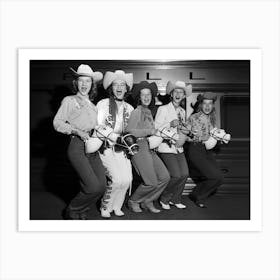 Cowgirls With Stick Horses, Western Aesthetic,Funny Vintage Black and White Old Photo Art Print