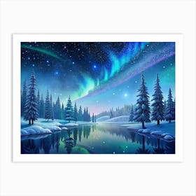 Winter Wonderland: A Tranquil Forest Scene With A Frozen Lake And Aurora Borealis Art Print