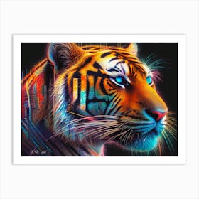 A Vivid Neon Digital Color Painting of a Bengal Tiger Head Art Print