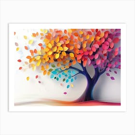 Colorful Tree With Leaves On Hanging Branches Of Blue, White And Golden Background Art Print