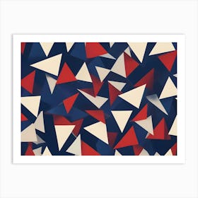 Abstract, Geometric Pattern Of Scattered Red, White, And Blue Triangles On A Dark Background Art Print