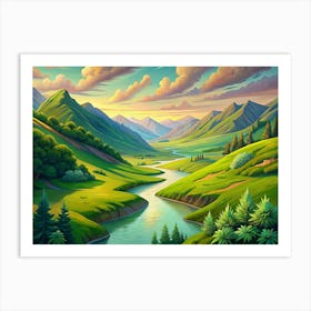 Green Valley With River And Mountains At Sunset Art Print