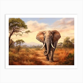 African Elephant In The Savannah Painting 2 Art Print