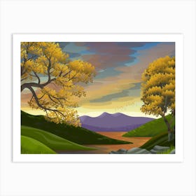 Scenic Vista Horizon Sky Clouds Sun Light River Water Trees Fall Nature Environment Stylized Painting Art Green Art Print